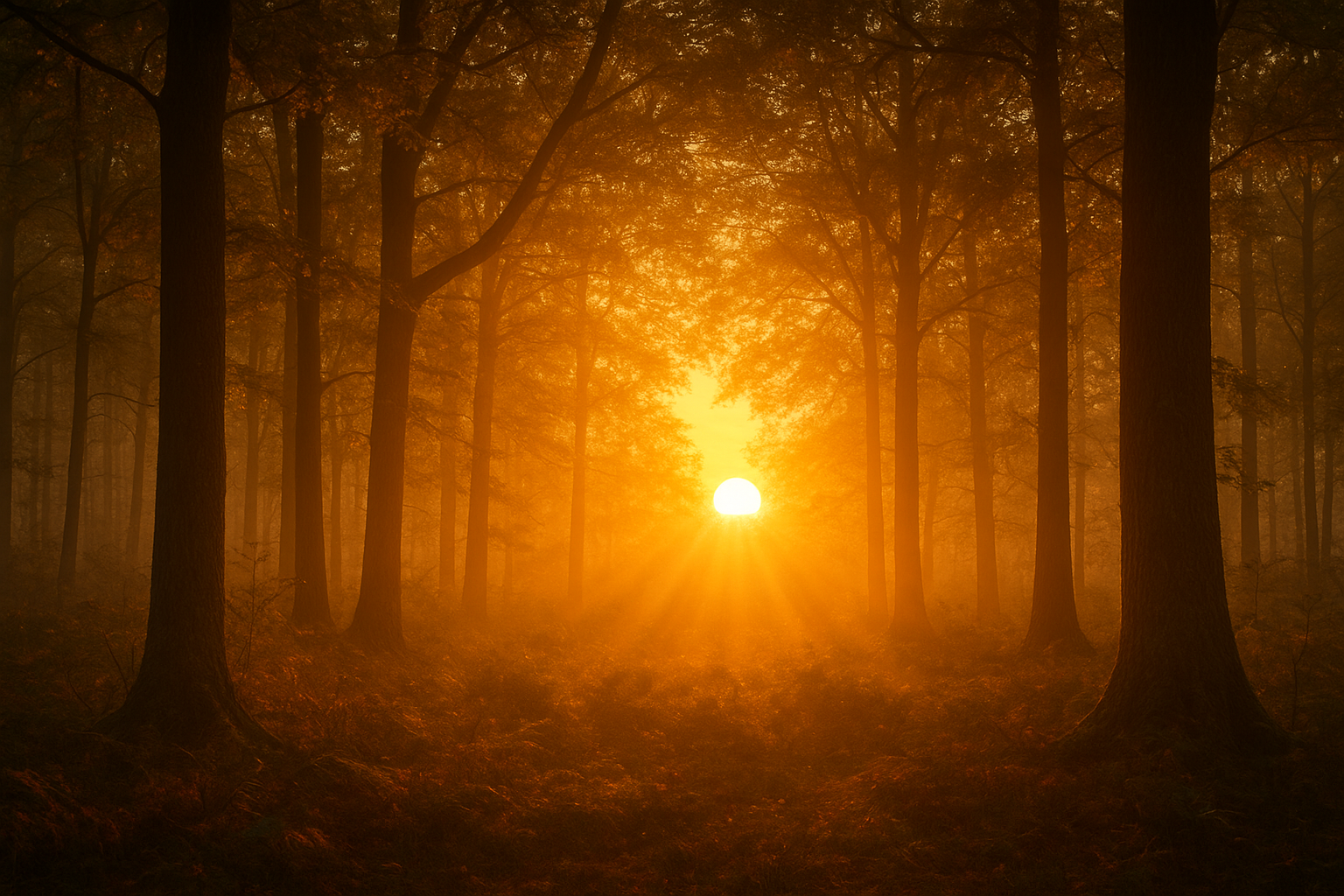 Prompt: Cinematic sunrise in forest, warm golden light, high-detail. Amanecer en un bosque, simbolizando un cambio de estado y el Patrón Observer.