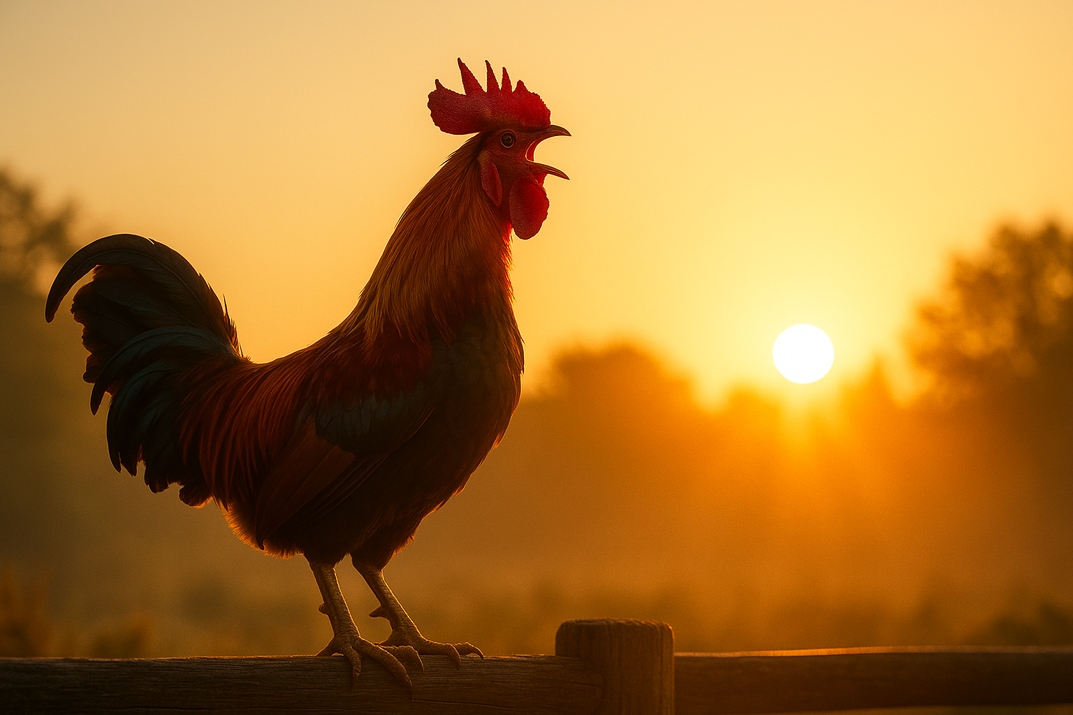 Prompt: A rooster crowing energetically, golden sunrise light from the side. Gallo cantando al amanecer, un ejemplo natural de un 'Observador' reaccionando a un 'Sujeto' (el sol).