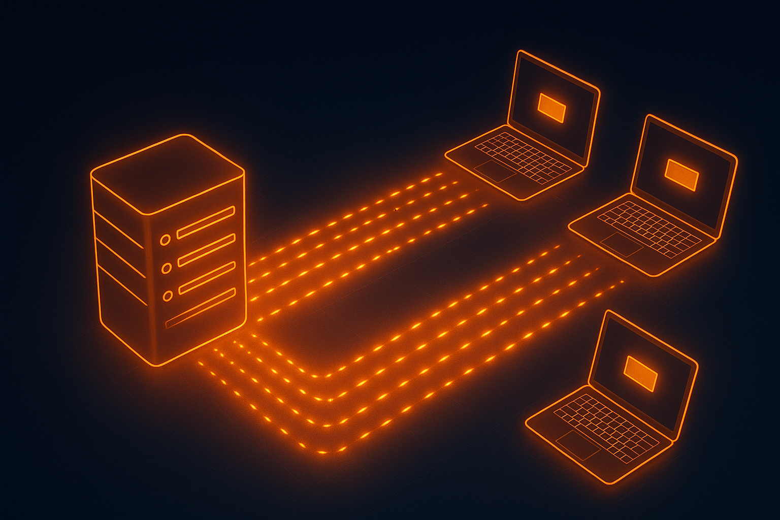Prompt: Glowing data packets from server node to multiple laptops, tech aesthetic. Diagrama de SignalR implementando el Patrón Observer en .NET para notificar a múltiples clientes desde un servidor.