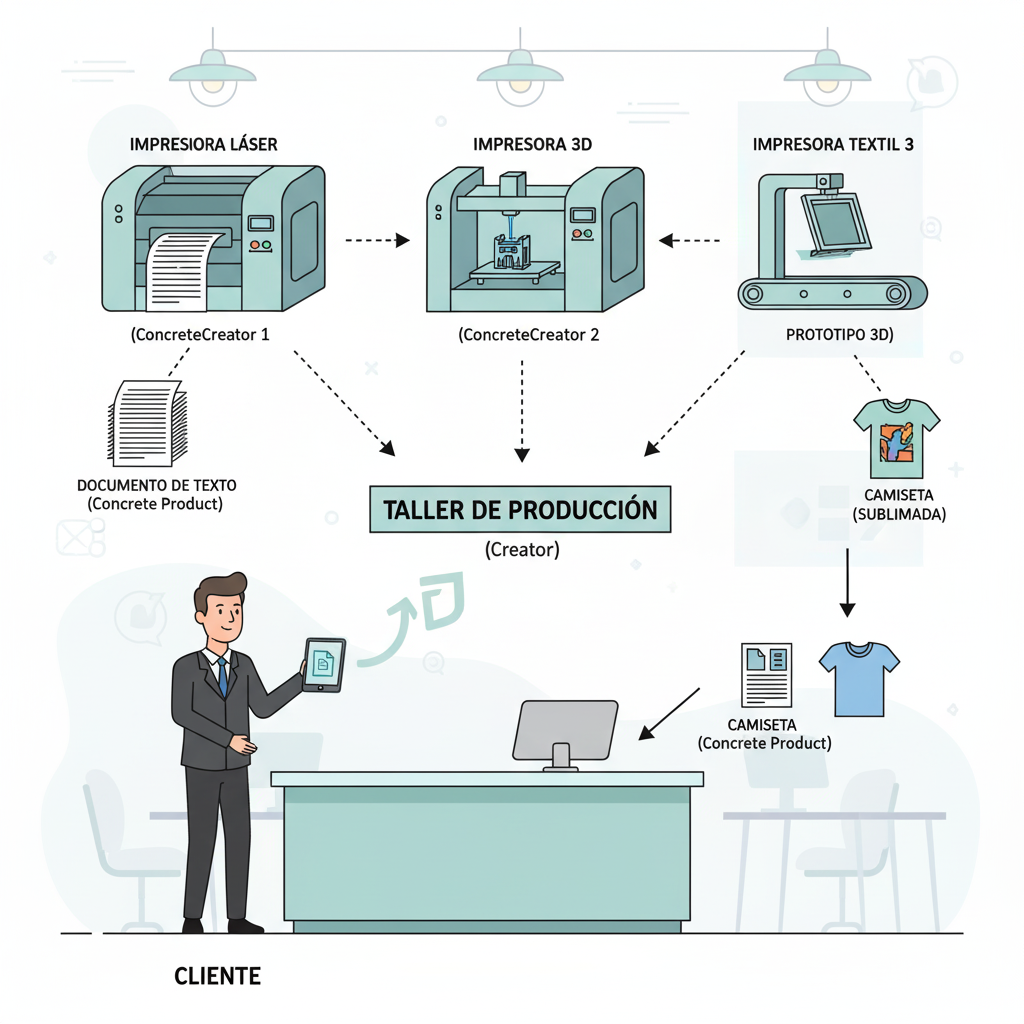 Analogía del Patrón Factory Method usando un taller de impresión.