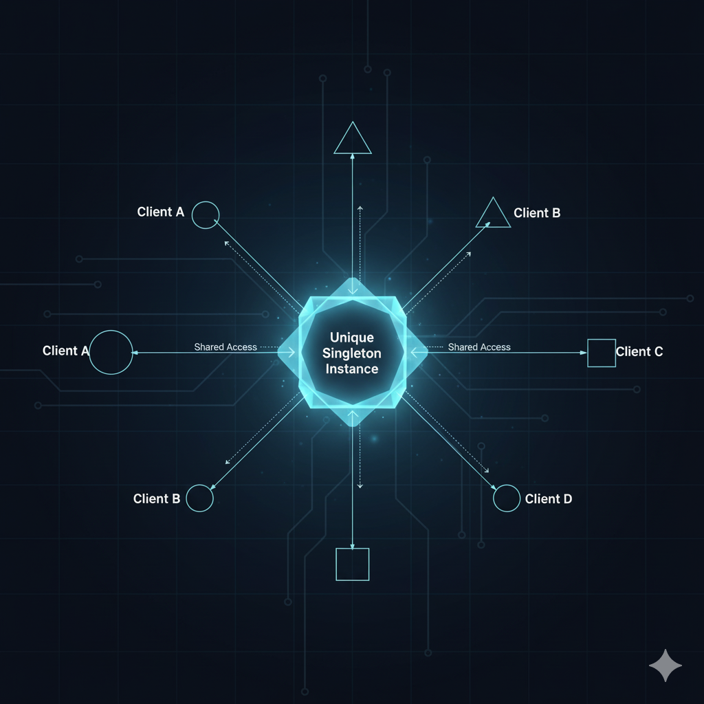 Ilustración conceptual del Patrón de Diseño Singleton mostrando una única instancia.