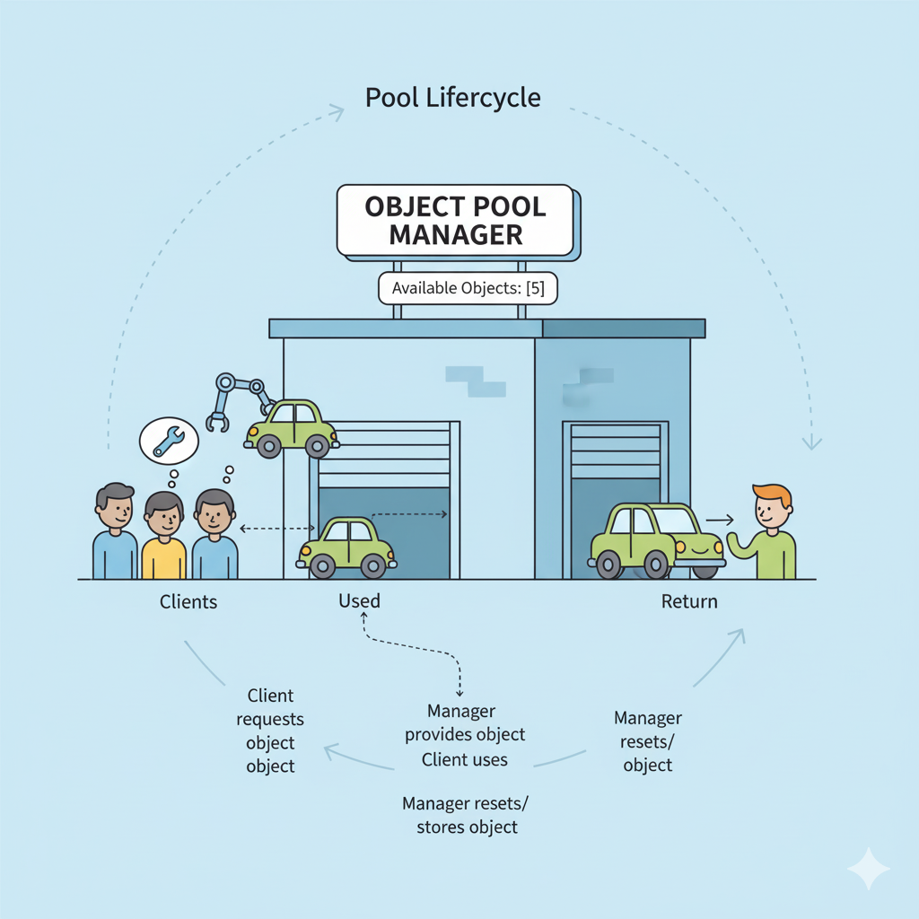 Ilustración conceptual del Patrón de Diseño Object Pool.