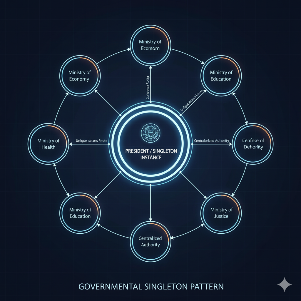 Ejemplo del Patrón Singleton en gobierno: un presidente, múltiples ministerios.
